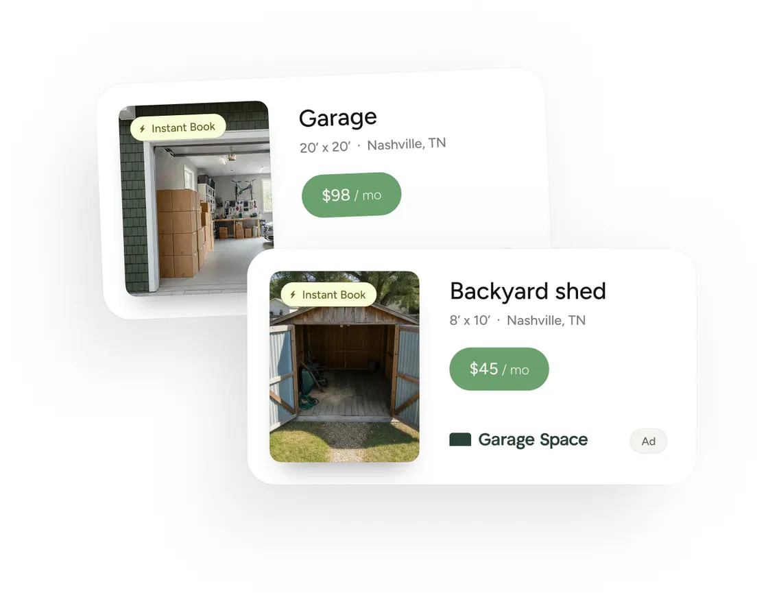 Two Garage Space listing adverts, a garage at $98 a month and a backyard shed at $45