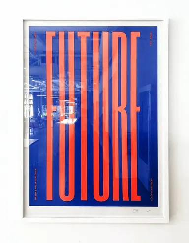 A wall of the office, painted with the word FUTURE.