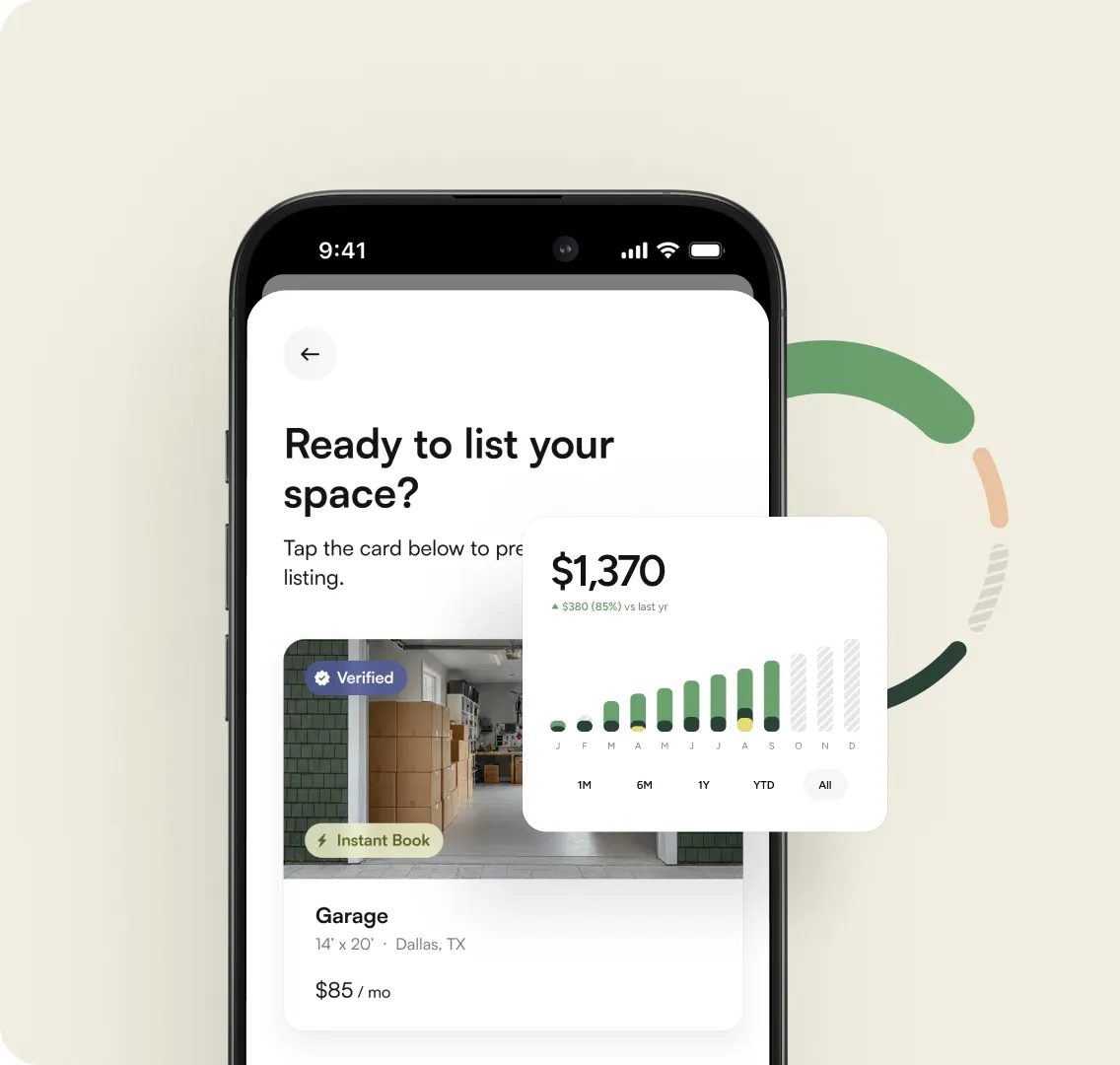 The Garage Space app ready to list a garage, beside a chart of a host's monthly earnings