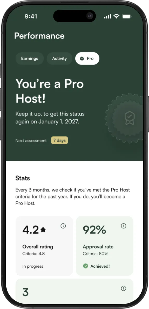 The Garage Space app showing a host's Pro Host status and the ratings behind it