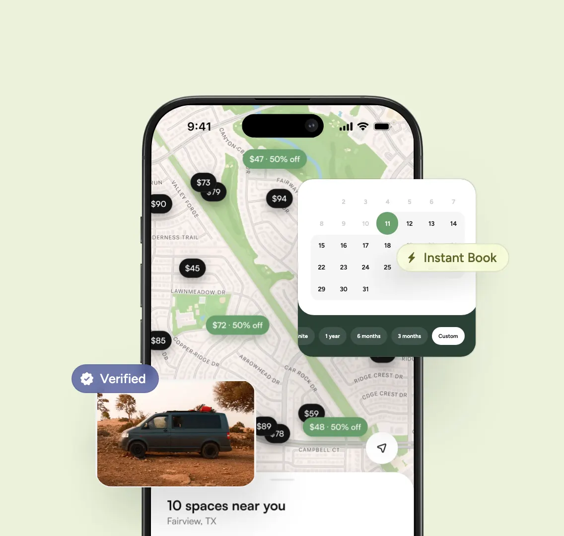 The Garage Space app showing nearby spaces on a map, with a verified listing and instant booking